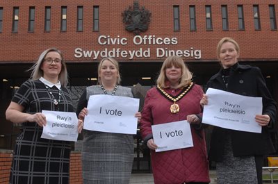 Linda Savory, Rebecca Light, Debbie Marles and Cllr. Charles mark women's suffrage